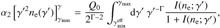 Mathematical equation: \begin{eqnarray} \alpha_2\left[\gamma'^2\nel(\gamma')\right]_{\gmx}^{\gamma}=\frac{Q_0}{2^{\Gamma-2}}\int_{\gamma_{\rm min}^{\rm eff}}^{\gmx} \!\! \textrm{d}\gamma' \ \gamma'^{-\Gamma}\frac{I(\nel;\gamma')} {1+I(\nel;\gamma')}, \label{integral} \end{eqnarray}