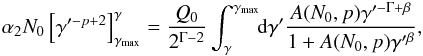 Mathematical equation: \begin{eqnarray} \alpha_2 N_0\left[\gamma'^{-p+2}\right]_{\gmx}^{\gamma} = \frac{Q_0}{2^{\Gamma-2}}\int_{\gamma}^{\gmx}\!\!\textrm{d}\gamma' \frac{A(N_0,p) \gamma'^{-\Gamma+\beta}}{1+A(N_0,p)\gamma'^{\beta}}, \label{equation1} \end{eqnarray}
