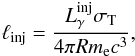 Mathematical equation: \begin{eqnarray} \label{lgg} \linj={{L_\gamma^{\rm inj}\sth}\over {4\pi R\me c^3}}, \end{eqnarray}