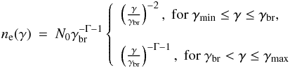 Mathematical equation: \begin{eqnarray} \nel(\gamma)\!\!\! &=&\!\! \!N_0\gcr^{-\Gamma-1}\left \{ \begin{array}{ll} \left(\frac{\gamma}{\gcr}\right)^{-2}, \ \textrm{for} \ \gmn \le \gamma\le \gcr, \\ \phantom{} \\ \left(\frac{\gamma}{\gcr}\right)^{-\Gamma-1}, \ \textrm{for} \ \gcr<\gamma\le \gmx \end{array} \right. \label{elec-sol} \end{eqnarray}