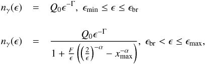 Mathematical equation: \begin{eqnarray} \nga(\epsilon)&=&Q_0 \epsilon^{-\Gamma}, \ \emn \le \epsilon\le \ecr \nonumber\\ \label{gamma-sol} \phantom{} \\ \nonumber \nga(\epsilon)&=&\frac{Q_0 \epsilon^{-\Gamma}}{1+\frac{F}{\epsilon}\left(\left(\frac{2}{\epsilon}\right) ^{-\alpha}-\xmx^{-\alpha}\right)}, \ \ecr<\epsilon\le \emx, \end{eqnarray}