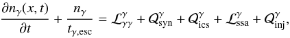 Mathematical equation: \begin{eqnarray} {{\partial\nga(x,t)}\over{\partial t}}+ {{\nga}\over{\tgesc}}= \cal{L}_{\gamma\gamma}^\gamma +\cal{Q}_{\rm syn}^\gamma +\cal{Q}_{\rm ics}^\gamma +\cal{L}_{\rm ssa}^\gamma +\cal{Q}_{\rm inj}^\gamma, \end{eqnarray}