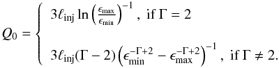 Mathematical equation: \begin{eqnarray} Q_0 = \left\{ \begin{array}{l} 3\linj \ln\left(\frac{\emx}{\emn}\right)^{-1}, \ \textrm{if} \ \Gamma=2 \\ \phantom{} \\ 3\linj (\Gamma-2)\left(\emn^{-\Gamma+2}-\emx^{-\Gamma+2}\right)^{-1}, \ \textrm{if} \ \Gamma \ne 2. \end{array} \right. \label{qo-l} \end{eqnarray}
