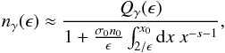 Mathematical equation: \appendix \setcounter{section}{1} \begin{eqnarray} \nga(\epsilon) \approx \frac{Q_{\gamma}(\epsilon)}{1+\frac{\sigma_0 n_0}{\epsilon}\int_{2/\epsilon}^{x_0}\textrm{d}x \ x^{-s-1}}, \end{eqnarray}