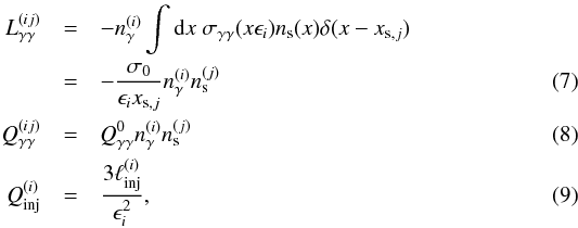 Mathematical equation: \begin{eqnarray} \textit{L}_{\gamma \gamma}^{(ij)} & = & - \nga^{(i)}\int\textrm{d}x \ \sgg(x\epsilon_i) \ns(x)\delta(x-x_{\textrm{s},j}) \nonumber \\ & = & - \frac{\sigma_0}{\epsilon_i x_{\textrm{s},j}}\nga^{(i)}\ns^{(j)} \\ \textit{Q}_{\gamma \gamma}^{(ij)} & = & \textit{Q}_{\gamma\gamma}^{0}\nga^{(i)}\ns^{(j)}\\ \label{qinj} \textit{Q}_{\rm inj}^{(i)} & = & \frac{3\linj^{(i)}}{\epsilon_i^2}, \end{eqnarray}