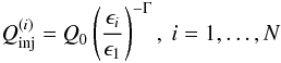 Mathematical equation: \begin{eqnarray} \textit{Q}_{\rm inj}^{(i)} = \textit{Q}_0 \left(\frac{\epsilon_i}{\epsilon_1}\right)^{-\Gamma}, \ i=1,\dots, N \end{eqnarray}