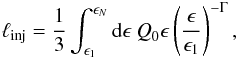 Mathematical equation: \begin{eqnarray} \linj=\frac{1}{3}\int_{\epsilon_1}^{\epsilon_N} \textrm{d}\epsilon \ \textit{Q}_0 \epsilon \left(\frac{\epsilon}{\epsilon_1}\right)^{-\Gamma}, \end{eqnarray}