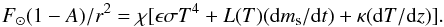 Mathematical equation: \begin{equation} F_\odot (1-A)/r^2 = \chi [\epsilon \sigma T^4 + L(T)({\rm d}m_{\rm s}/{\rm d}t) + \kappa ({\rm d}T/{\rm d}z)]. \end{equation}