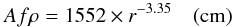 Mathematical equation: \begin{equation} Af\rho = 1552 \times r^{-3.35} \quad \textrm{(cm)} \end{equation}