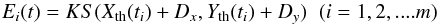 Mathematical equation: \begin{equation} \label{CondEq} E_i(t)= K S(X_{\rm th}(t_i)+D_x,Y_{\rm th}(t_i)+D_y) \;\; (i=1, 2,....m) \end{equation}