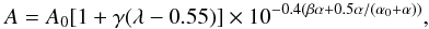Mathematical equation: \begin{equation} \label{AlbedoA} A=A_0 [1+\gamma(\lambda-0.55)] \times 10^{-0.4(\beta\alpha+0.5 \alpha/(\alpha_0+\alpha))}, \end{equation}