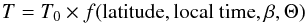 Mathematical equation: \begin{equation} T = {T_{0}} \times f({\rm latitude}, {\rm local~time}, \beta, \Theta) \end{equation}