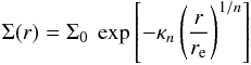 Mathematical equation: \begin{eqnarray} \label{eq:sersic} \Sigma(r)=\Sigma_{0}~\exp\left[-\kappa_{n} \left(\frac{r}{r_{\rm e}}\right)^{1/n}\right] \end{eqnarray}