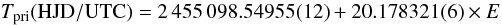 Mathematical equation: $$T_{\rm pri} {\rm (HJD/UTC)} = 2\,455\,098.54955 (12) + 20.178321 (6) \times E $$