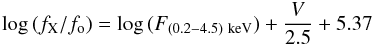 Mathematical equation: \begin{eqnarray*} \log{(f_{\rm X}/f_{\rm o})} = \log{(F_{(0.2-4.5) {\rm~keV}})} + \frac{V}{2.5} + 5.37 \end{eqnarray*}