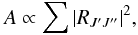 Mathematical equation: \begin{equation} A \propto \sum |R_{J^\prime J^{\prime\prime}}|^2, \label{eq: einst_coeff} \end{equation}
