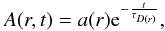 Mathematical equation: \appendix \setcounter{section}{2} \begin{eqnarray} \label{infall} A(r, t)= a(r){\rm e}^{-\frac{t}{\tau_{D(r)}}}, \end{eqnarray}