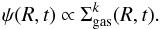 Mathematical equation: \appendix \setcounter{section}{2} \begin{eqnarray} \psi(R, t) \propto \Sigma_{\rm gas}^{k}(R, t). \end{eqnarray}