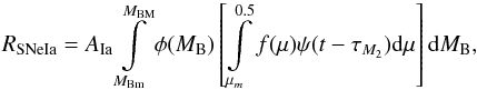 Mathematical equation: \appendix \setcounter{section}{2} \begin{eqnarray} R_{\rm SNe Ia} = A_{\rm Ia}\int\limits^{M_{\rm BM}}_{M_{\rm Bm}}\phi(M_{\rm B})\left[ \int\limits^{0.5}_{\mu_{m}}f(\mu)\psi(t-\tau_{M_{2}}){\rm d}\mu \right] {\rm d}M_{\rm B}, \end{eqnarray}