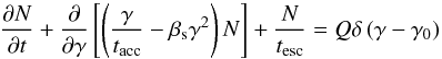 Mathematical equation: \begin{equation} \frac{\partial N}{\partial t} + \frac{\partial }{\partial \gamma }\left [ \left ( \frac{\gamma }{t_{\rm acc}} - \beta _{\rm s}\gamma ^{2}\right )N \right ]+\frac{N}{t_{\rm esc}} = Q\delta \left ( \gamma -\gamma _{0} \right ) \end{equation}