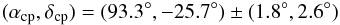 Mathematical equation: \begin{eqnarray*} (\alpha_{\rm cp},\delta_{\rm cp})=(93.3^{\circ},-25.7^{\circ})\pm(1.8^{\circ},2.6^{\circ}) \end{eqnarray*}