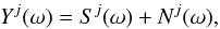 Mathematical equation: \begin{equation} Y^{j}(\omega) = S^{j}(\omega) + N^{j}(\omega), \end{equation}