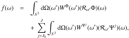 Mathematical equation: \begin{equation} {f}_{\ell m } = \sqrt{ \frac{4\pi}{2\ell+1}} {W}^{\Phi}_{\ell m} {\Phi}_{\ell 0} \ + \ \sqrt{ \frac{4\pi}{2\ell+1}} \sum_{j=J_0}^{J} {W}^{\Psi^{j}}_{\ell m} {\Psi}^{j}_{\ell 0}. \label{waveletsynthesis} \end{equation}