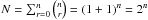 Mathematical equation: \hbox{$N = \sum_{r=0}^{n} {n \choose r} = (1+1)^n = 2^n$}