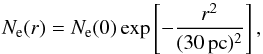 Mathematical equation: \begin{equation} N_{\rm e}(r)=N_{\rm e}(0)\exp\left[-\frac{r^2}{(30\,{\rm pc})^2}\right], \label{gauss} \end{equation}