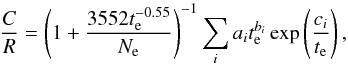 Mathematical equation: \begin{equation} \frac{C}{R} = \left(1+\frac{3552t^{-0.55}_{\rm e}}{N_{\rm e}}\right)^{-1} \sum_i a_it^{b_i}_{\rm e} \exp\left(\frac{c_i}{t_{\rm e}}\right), \label{eqa2} \end{equation}