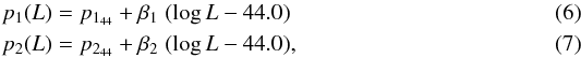Mathematical equation: \begin{eqnarray} \label{eq:p1}p_1(L) & = &p_{1_{44}} + \beta_1 \; (\log L - 44.0) \qquad \text{} \\ \label{eq:p2}p_2(L) & =& p_{2_{44}} + \beta_2 \; (\log L - 44.0), \end{eqnarray}