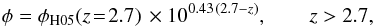 Mathematical equation: \begin{eqnarray} \label{eq:ExpDec} \phi & = &\phi_\mathrm{H05}(z\!=\!2.7)\, \times 10^{0.43\,(2.7 - z)}, \qquad z>2.7, \end{eqnarray}