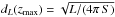 Mathematical equation: \hbox{$d_{L}(z_\mathrm{max})=\sqrt{L/(4\pi\,S)}$}