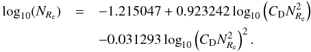 \appendix \setcounter{section}{1} \begin{eqnarray} \log_{10}(\NRe)&=&-1.215047+ 0.923242\log_{10}\left(C_{\rm D}\NRe^2\right)\nonumber\\ &&-0.031293\log_{10}\left(C_{\rm D}\NRe^2\right)^2. \label{fit} \end{eqnarray}