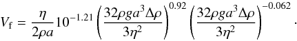 \appendix \setcounter{section}{1} \begin{equation} V_{\rm f}=\frac{\eta}{2\rho a}10^{-1.21}\left(\frac{32\rho g a^3\Delta\rho}{3\eta^2}\right)^{0.92}\left(\frac{32\rho g a^3\Delta\rho}{3\eta^2}\right)^{-0.062}\cdot \label{V2} \end{equation}