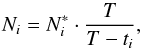 Mathematical equation: \begin{equation} \label{eqn:ltcorrection} N_{i}= N_{i}^{\ast}\cdot\frac{T}{T-t_i}, \end{equation}