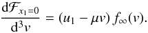 Mathematical equation: \appendix \setcounter{section}{1} \begin{equation} \frac{\mathrm{d}\mathcal{F}_{x_1=0}}{\mathrm{d}^{3}v}=(u_1-\mu v)\, f_{\infty}(v).\label{eq:fluxatsmallvelocities} \end{equation}