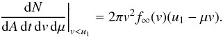 Mathematical equation: \appendix \setcounter{section}{1} \begin{eqnarray} \left. \frac{\mathrm{d}N}{\mathrm{d}A\,\mathrm{d}t\,\mathrm{d}v\,\mathrm{d}\mu} \right|_{v<u_{1}} = 2\pi v^2 f_{\infty}(v) (u_1-\mu v). \end{eqnarray}