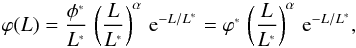 \begin{equation} \label{schfc} \varphi(L) = \frac{\phi^{\ssty *}}{L^{\ssty *}} \, \left(\frac{L}{L^{\ssty *}}\right)^{\alpha} \, {\rm e}^{-L/L^{\ssty *}} = \varphi^{\ssty *} \, \left(\frac{L}{L^{\ssty *}}\right)^{\alpha} \, {\rm e}^{-L/L^{\ssty *}}, \end{equation}