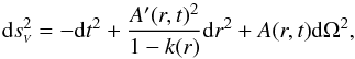 \begin{equation} \label{LTBmetric} \void{{\rm d}s}^2=-{\rm d}t^2+\frac{A'(r,t)^2}{1-k(r)}{\rm d}r^2+A(r,t){\rm d}\Omega^2, \end{equation}