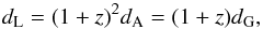 \begin{equation} \label{rec} \dl = (1+z)^2 \da = (1+z) \dg, \end{equation}