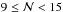 Mathematical equation: \hbox{$9 \leq \mathcal{N} < 15$}