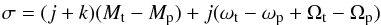 Mathematical equation: \begin{eqnarray*} \sigma = (j+k)(M_{\rm t} - M_{\rm p}) + j(\omega_{\rm t} - \omega_{\rm p} + \Omega_{\rm t} - \Omega_{\rm p}) \end{eqnarray*}