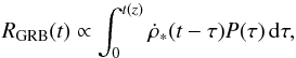 Mathematical equation: \begin{equation} R_{\mathrm{GRB}}(t)\propto\int_{0}^{t(z)}\dot{\rho}_{*}(t-\tau)P(\tau)\,\mathrm{d}\tau, \end{equation}