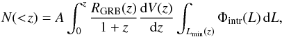Mathematical equation: \begin{equation} N(<\!z)=A\int_{0}^{z}\frac{R_{\mathrm{GRB}}(z)}{1+z}\frac{\mathrm{d}V(z)}{\mathrm{d}z}\int_{L_{\mathrm{min}}(z)}\Phi_{\mathrm{intr}}(L)\,\mathrm{d}L, \end{equation}