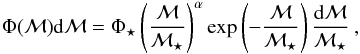 Mathematical equation: \begin{eqnarray} \Phi(\mathcal{M})\mathrm{d}\mathcal{M} = \Phi_\star \left( \frac{\mathcal{M}}{\mathcal{M}_\star} \right)^{\alpha} \exp\left( - \frac{\mathcal{M}}{\mathcal{M}_\star} \right) \frac{\mathrm{d}\mathcal{M}}{\mathcal{M}_\star} \: , \label{Schechter} \end{eqnarray}