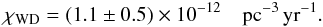 Mathematical equation: \begin{eqnarray*} \chi_{\rm WD} = (1.1\pm0.5) \times 10^{-12} \rm\quad pc^{-3}\,yr^{-1}. \end{eqnarray*}