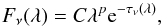 Mathematical equation: \begin{equation} F_\nu(\lambda) = C \lambda^p {\rm e}^{-\tau_\nu(\lambda)}, \end{equation}
