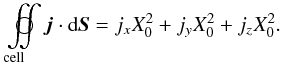 Mathematical equation: \appendix \setcounter{section}{1} \begin{equation} \dintcl\!\vec{j}\cdot \mathrm{d}\vec{S} = j_xX_0^2 + j_yX_0^2 + j_zX_0^2. \end{equation}