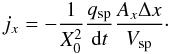 Mathematical equation: \appendix \setcounter{section}{1} \begin{equation} j_x = -\frac{1}{X_0^2} \frac{q_{\rm sp}}{{\rm d}t} \frac{A_x\Delta x}{V_{\rm sp}}\cdot \end{equation}